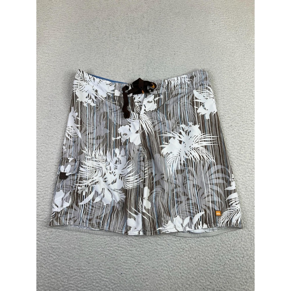 Quiksilver‎ Board Shorts Mens 34 Brown White Floral Hawaiian Surf Swim Trunks